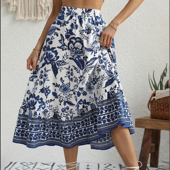 Boho Floral Print High Waist Maxi Skirt White Blue Cottagecore - Picture 4 of 6